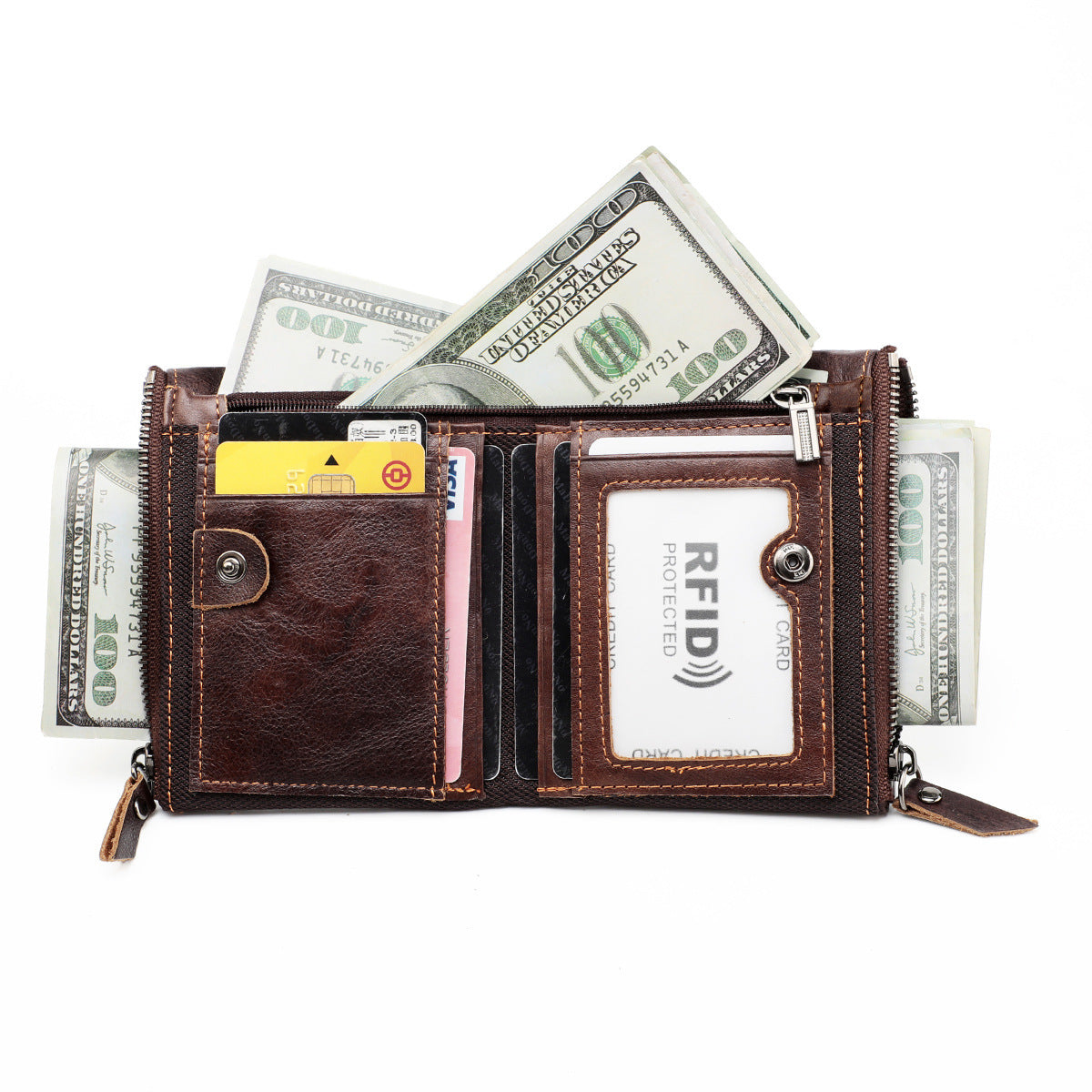 Wholesale Women' s Genuine Leather Double Zipper Compact Wallet